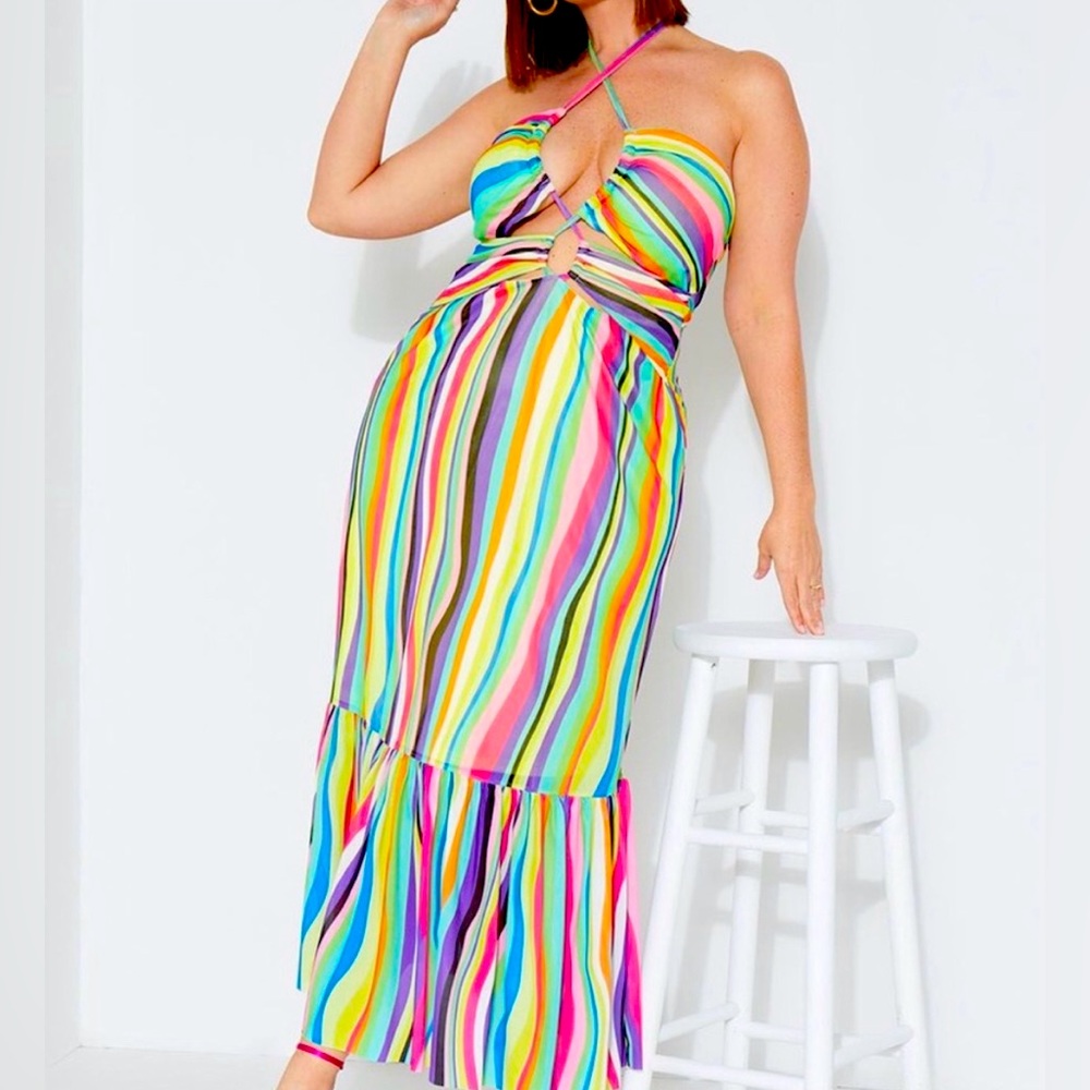 Eloquii Rainbow Striped Strappy Cut Out Maxi Dress